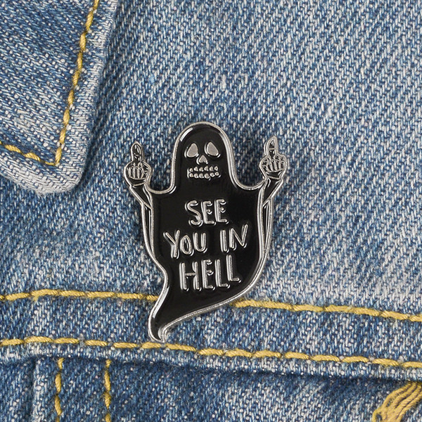 Punk Ghost Lapel Enamel Pin See You In Hell black skull Brooch Vertical middle finger Badge Empty eyes Jewelry Gaze from the abyss