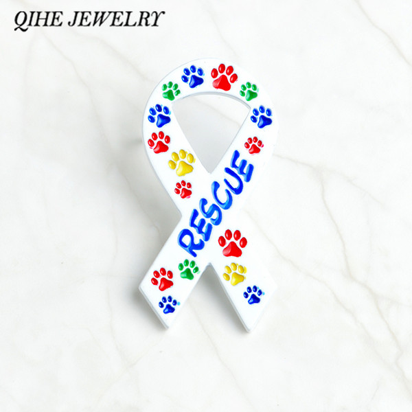 QIHE JEWELRY Ribbon brooches Colorful paw print RESCUE brooches Pet memorial jewelry Gift for dog lover cat lover