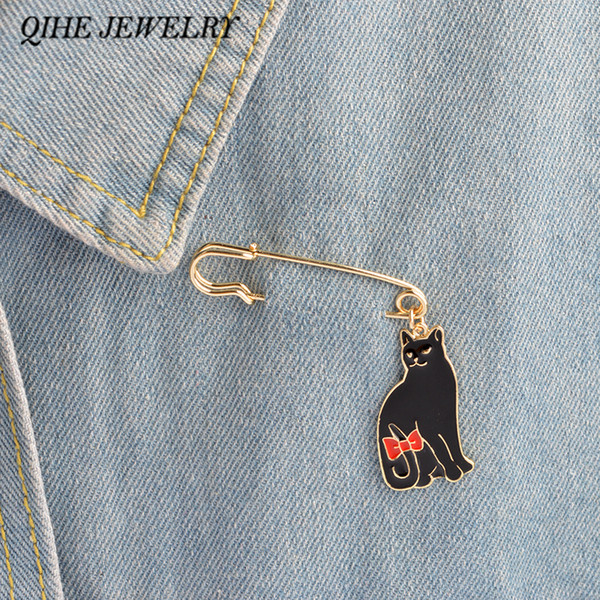 QIHE JEWELRY pins White black bow Cute animal brooch Cat lover jewelry Cat lover gifts for jewelry women