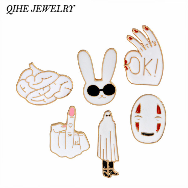 Enamel pins White rabbit mask figure sign brain cute cartoon brooches pin badge Women jewelry Girl child gifts