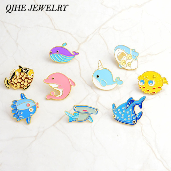 QIHE JEWELRY Sea cuties pin Whale Shark Narwhal Octopus Puffer fish Hard enamel pin Lapel pin Brooches Badges Pinback