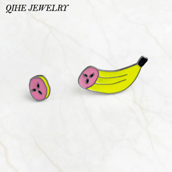 QIHE JEWELRY 2pcs/set Banana & banana slice pin set Hard enamel pin Backpack Hat Tote bag Accessories Cute Kawaii jewelry