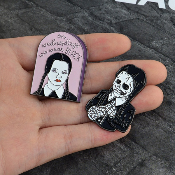 QIHE JEWELRY The Addams Family Inspired Wednesday Addams Enamel Pin We wear black,skeleton pins Punk pin Goth jewelry