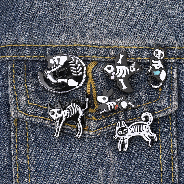 Six Animal Skeleton Models Black White Magic witch Skull Cat Rabbit Bird Enamel Brooches Pins Gift For Friends