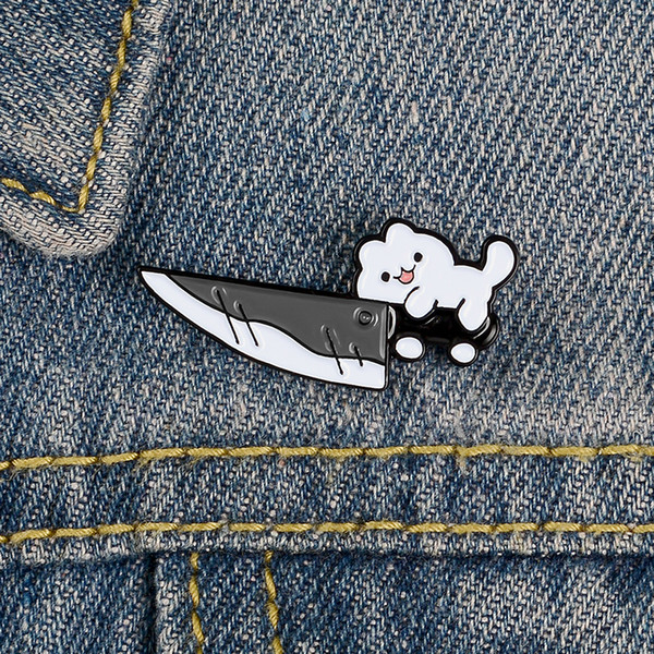 Cartoon White Small Cat Holding Knife Pin Enamel Brooch Bag Clothes Lapel Pin Badge Jewelry Gift For Friends