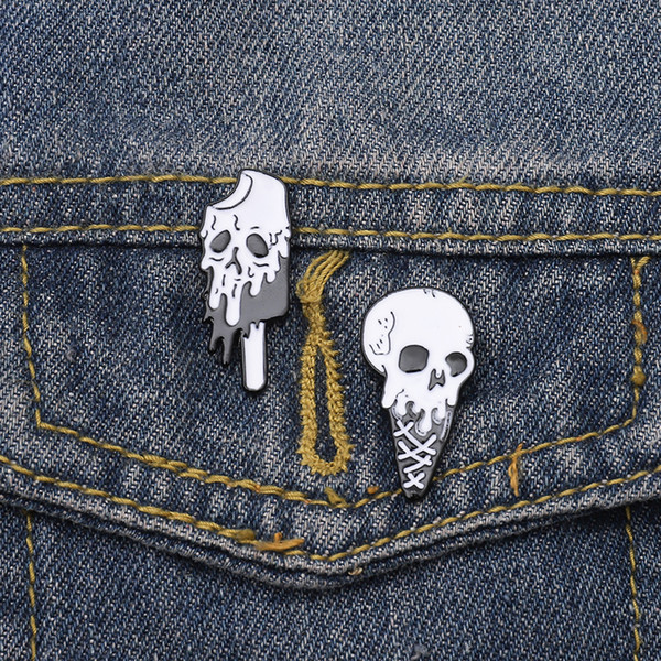 Ice Cream Skull Pin Cone Stick Enamel Punk Summer Skeleton Lapel Denim Badge Jewelry Enamel Brooches And Pins