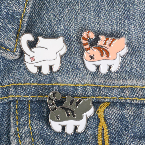 Cute Cat Enamel Pin Cartoon White Gray Orange Animal Lapel Brooches Tail tail Tilted ass Badges Back view Jewelry Gift for girls