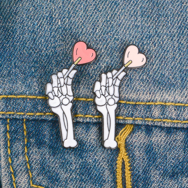 Two Models Heart Shaped Lollipop Enamel Skeleton Hand Brooches Button Pin Bag Clothes Badge Jewelry Gift For Lover Friends