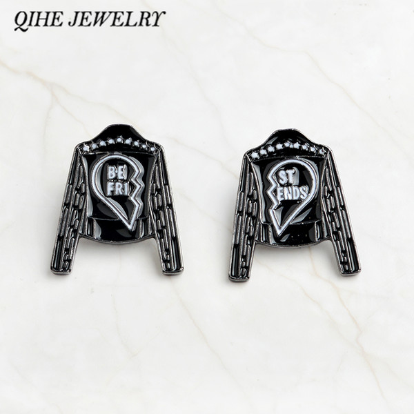 QIHE JEWELRY 2pcs/set Black leather jacket with best friends enamel pins Mix and match BFF pins Friendship jewelry