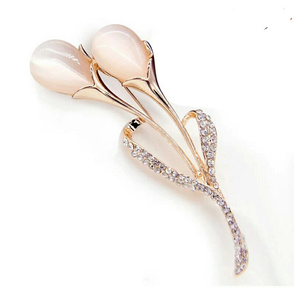 Fashion Flower Brooch Garment Dress Crystal Simulated Opal Tulip Brooches for Women brooches Wedding Bridal Jewelry Nice Gift Wholesale