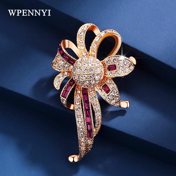 Elegant Purple Woman Brooch Gold Color Sparking Zirconia Crystal Fully Hand-set Micro Inlay Craft Flower Design Brooches Gifts