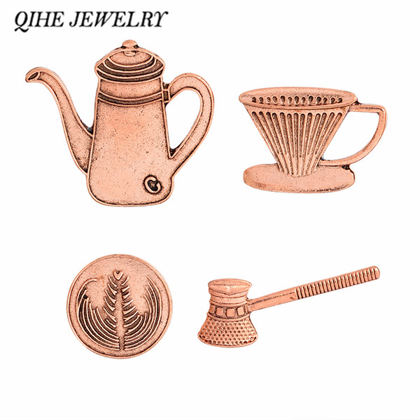 QIHE JEWELRY Pins and brooches Rose gold color coffee pot latte coffee cup pins Enamel pin Brooches Coffee lover gifts