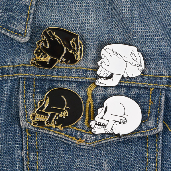 Punk Fashion Skull Pin Black White Enamel Badge Cat eat fish Five hands Skeleton Brooch Creative Jewelry Make you very cool