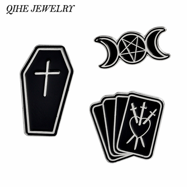 QIHE JEWELRY Enamel pins Triple moon coffin dagger poker Witchcraft Lapel pin Goth Dark Punk Jewelry for women Unisex