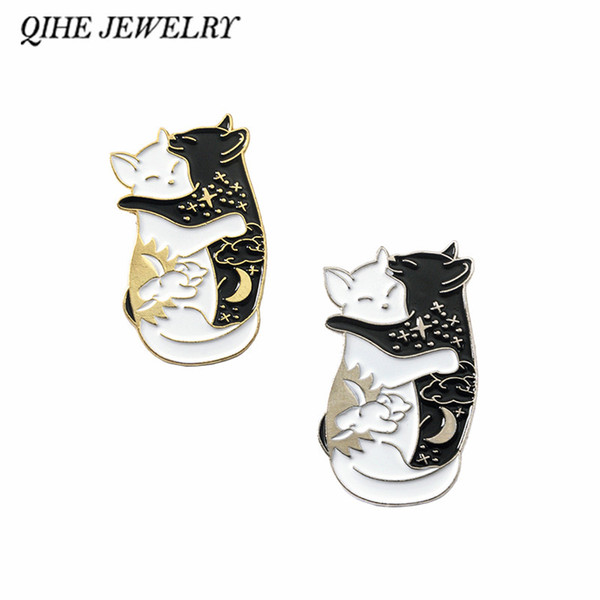 QIHE JEWELRY Cat Hug Pins Black White Ying Yang Cats Brooches Enamel pins Badges Brooches for men women couple Kawaii pin