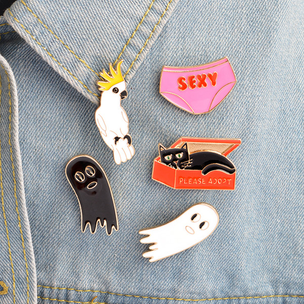 Cat In The Box Sexy Underwear Bird Cute Ghost Cartoon Enamel Hard Metal Pins Brooches Badge Men Women Jewelry