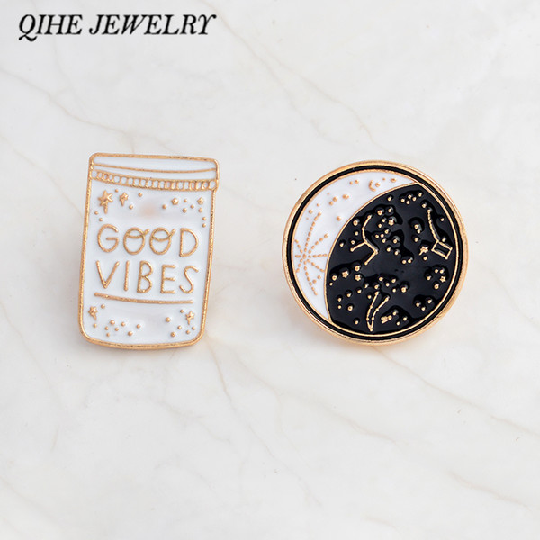 QIHE JEWELRY 2pcs/set pin set Good vibes enamel lapel pin Constellation pin Moon phase badges Good vibes only jewelry