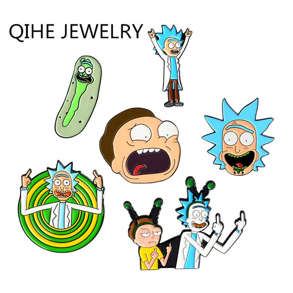 QIHE SIERADEN Rick En Morty Pins Augurk Rick Emaille Pin Rick en Morty middelvinger broches Badges Emaille pins Accessoires