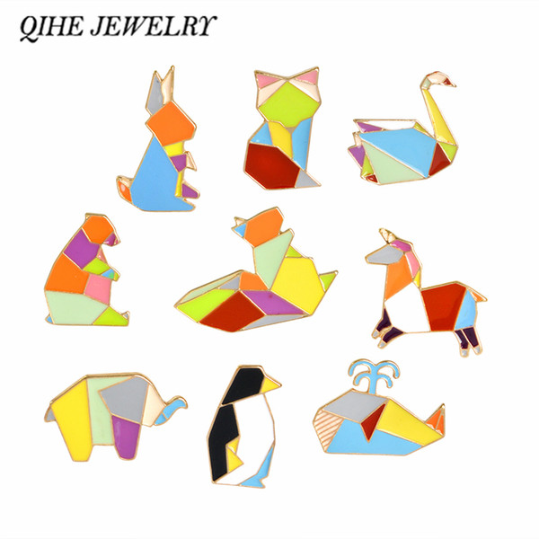 QIHE JEWELRY Origami Animal Pins & Brooches Elephant Rabbit Bear Squirrel Whale Pony Penguin Fox Design Animal Jewelry