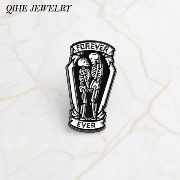 QIHE JEWELRY Punk pins Black coffin with skeleton couple inside forever and ever Gothic pin Gift for boyfriend girlfriend