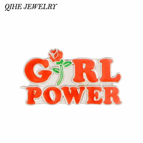 QIHE SIERADEN Rose Bloem Rode Meisje Power pin Feministische broche grl pwr Feminisme Badge reversspeldjes Broches voor vrouwen