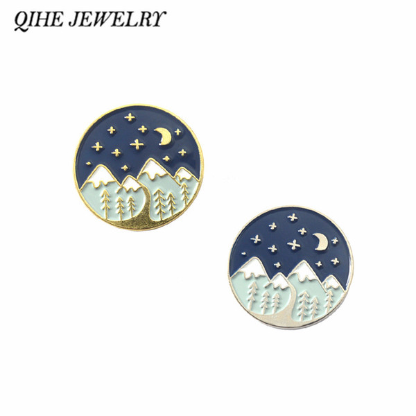 QIHE JEWELRY Moountain Adventure pin Moon and star Forest Travel Explore Brooches Badges Enamel pins Gift for Hikers