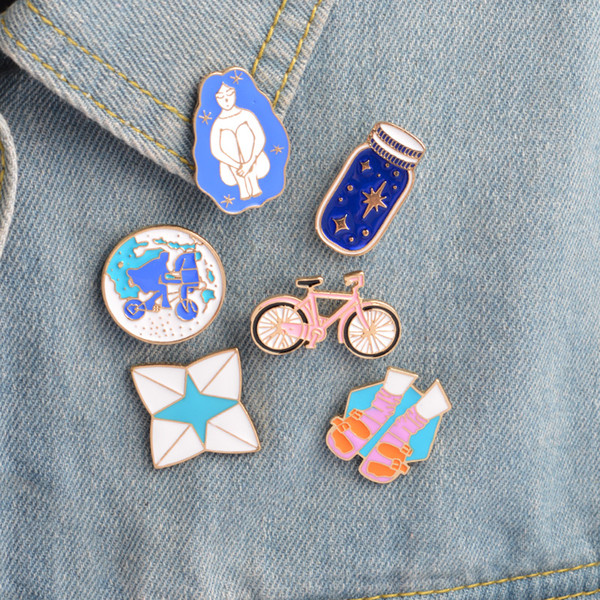 Brooches & pins Pink bicycle earth blue wish bottle sock sandal Pin for jackets and backpacks Gift for friend