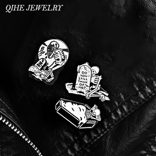 QIHE JEWELRY Tombstone Coffin Crying Skelelton Pins Brooches Lapel pins Badges Punk Halloween Skeleton Jewelry Gift