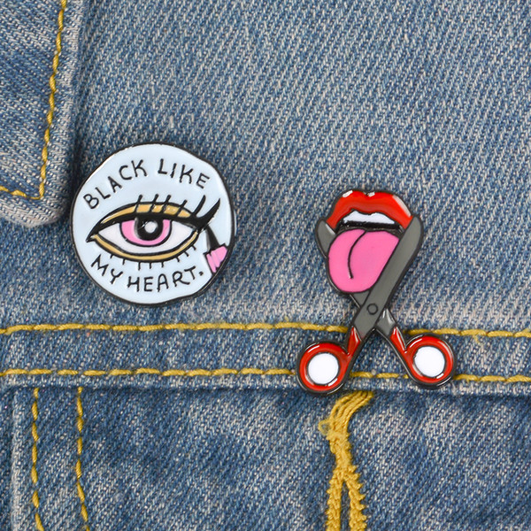 Black Like My Heart Pretty Eye Brooch Mouth Scissors cut Tongue Enamel Pin Buckle Gift for Women Girl