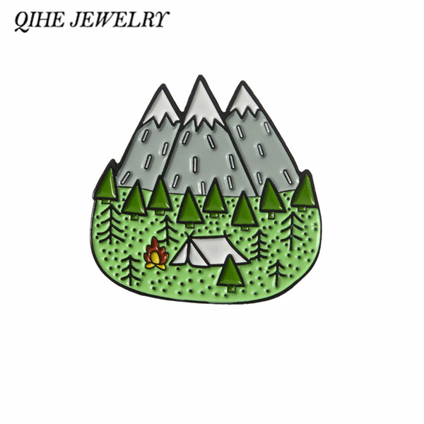 QIHE JEWELRY Camping pins Tent Tree Mountain Forest Brooches Badges Lapel pins Brooches for men women children