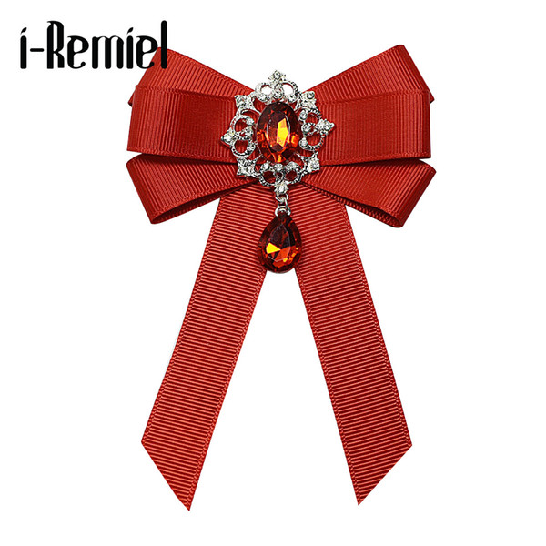 i-Remiel Fashion Red Rabbon Bow Brooch Rhinestone Crystal Fabric Cloth Art Luxury Wedding Dress Pins And Brooches Gift For Women