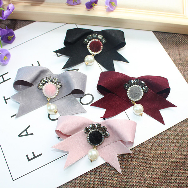 i-Remiel Fashion Pearl Crystal Fabric Velvet Bow Brooch For Women Shirt Coat's Pins Cloth Art Handmade Ribbon Accessories