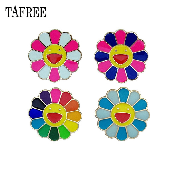 TAFREE Japanese Murakami Takashi seven color sunflower dripping oil brooch metal face Lapel Pins cartoon Badge Jewelry For Child