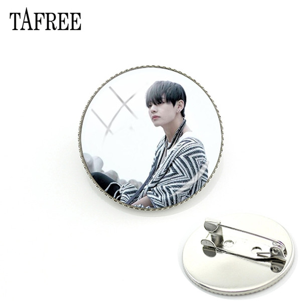 TAFREE BTS Member V Brooch Music Idols Pins Jimin J-hope Rap monster Round Glass cabochon dome Fashion Trendy Jewelry BTS226