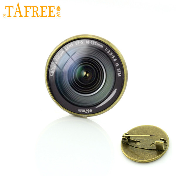 TAFREE Photography camera lens brooches DSLR Lenses Art Picture Glass Cabochon Dome vintage Badge Popular men women Luxury Pins T371