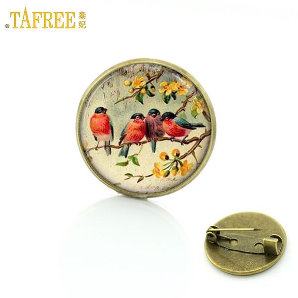 TAFREE Vintage Woman animal brooch Glass Cabochon dome art picture birds brooches pin for Suit Sweater carves Animal Party Gift Jewelry BP01