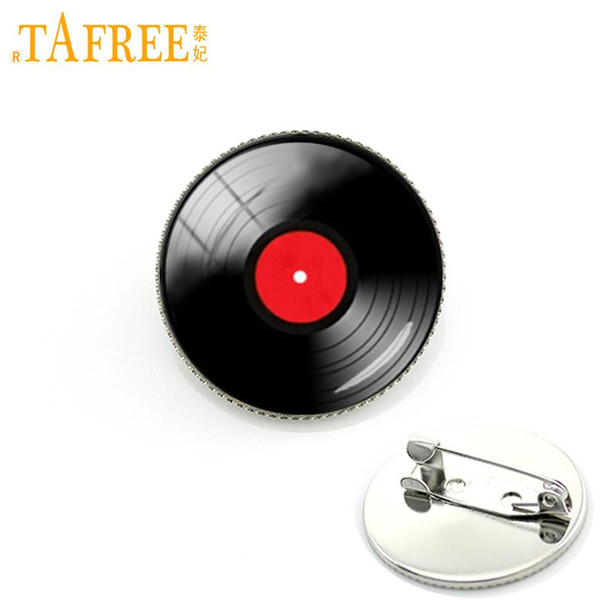 TAFREE Vinyl Record LP DJ for Men Retro Mus Art Pture lass Cabochon dome Brooch Pins for Him or her Fashion Jewelry Gift KC141