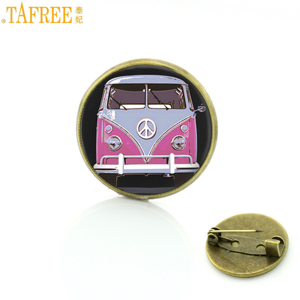 TAFREE new vintage Hippie Peace Sign Bus brooches glass cabochon car photo badge brooch pins fashion men women jewelry CT89