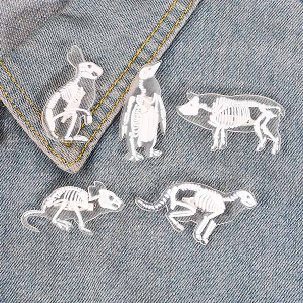 Animal Skeleton Pin Transparent Acrylic Penguin Pig Rrabbit Cat Mouse Brooch Skull Enamel Pin Badge Animal Brooch for Women Men drop ship