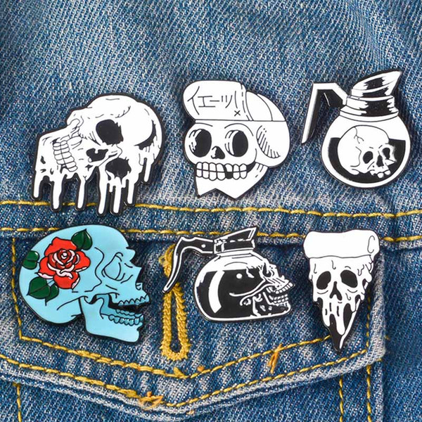 Punk Skeleton pins Skull brooches Dark Lapel teapot pins rose skeleton Badges Backpack Bag Hat Leather Jackets Fashion Accessory for men