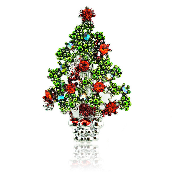 Fashion Silver Color Metal Brooches Pins Red Rhinestone Christmas Tree Brooches Clothing Christmas Decoration Gift Jewelry