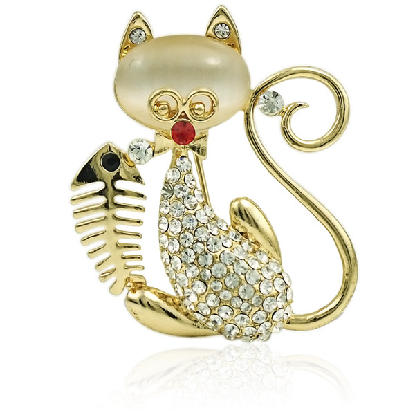 Fashion Opal Cat Brooches Pins High Quality Luxury Rhinestone Animal Brooches For Women Cloths Decoration Jewelry