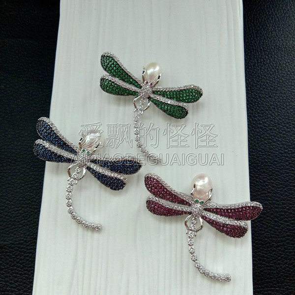 BR102120 White Pearl Zircon Dragonfly CZ Crystal Brooch Women Ladies Pin