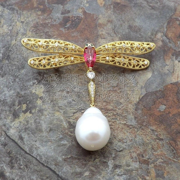 BR112210 White Keshi Pearl Cz Pave Dragonfly Brooch