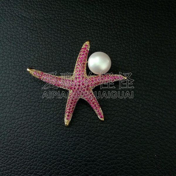 BR112910 10MM White Pearl Fuchsia CZ Pave Starfish Brooch