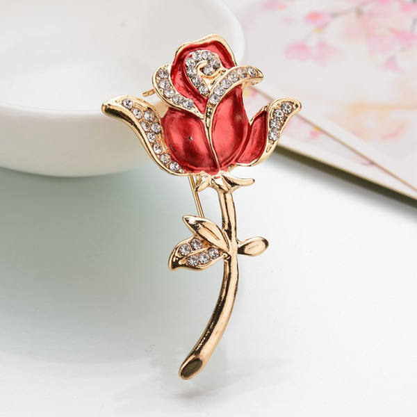 Rose Flower Crystal Brooches For Women Classic Leaf Jewelry Red/White/Purple Bijoux Mother's Day Gifts Wedding Bridal Brooch