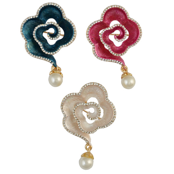 Three Colors Fashion Gold Plated Plant Enamel Pink White Blue Flower Shape Rhinestone Pearl Collar Pin Brooch