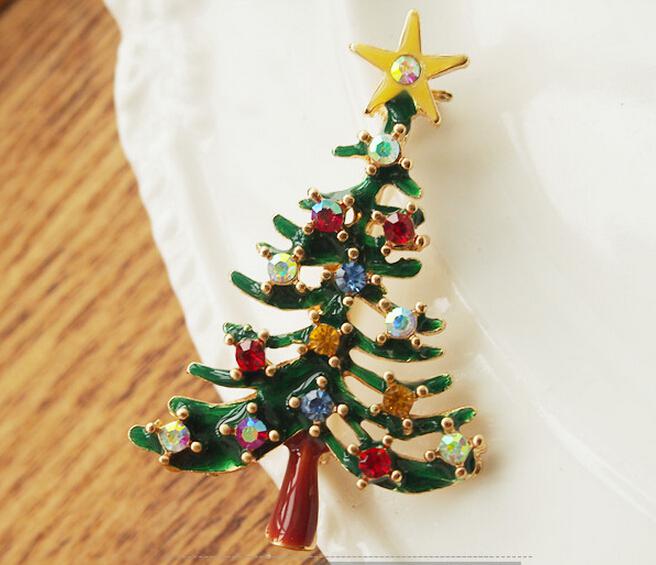 Christmas Tree Pin Brooch Lovely Style Gold Plated Alloy Enamel Rhinestone Star