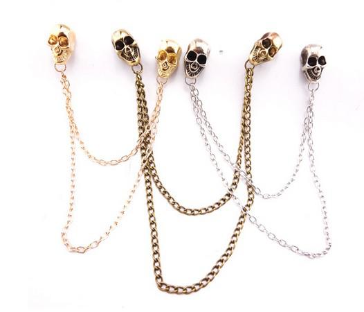 3colors Skull Tassels Collar Brooch Pin European Style Punk Retro Bronze/Gold/Silver Metal