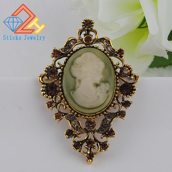 Retail!Clear Austriae Crystal Rhinestone Vintage Style Fashion Victorian Style Cameo Brooch Lady Scarf Brooch Pins Hot Selling